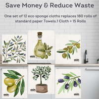Swedish Dishcloths Ultimate 12 pk - Multipurpose Compostable Cleaning Eco Cloths - Olive Prints