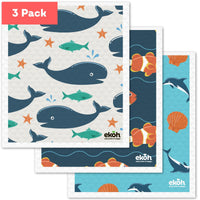 Eco Sponge Cloths Compostable Cleaning Cloths - Swedish Dishcloths Sea Life Prints Natural Dish Cloths 3 Pack - Ekoh-Store