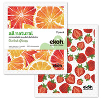 Eco Sponge Cloths Swedish Dishcloth 2 Pack Citrus & Strawberry Prints Compostable Dishcloths - Ekoh-Store