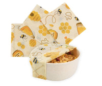 Reusable Food Wraps - Vegan Organic Cotton Food Wrap - Happy Honey Bee Beeswax Print  3 pack - Ekoh-Store