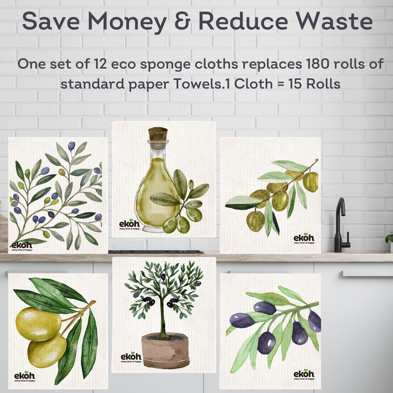 Swedish Dishcloths Ultimate 12 pk - Multipurpose Compostable Cleaning Eco Cloths - Olive Prints