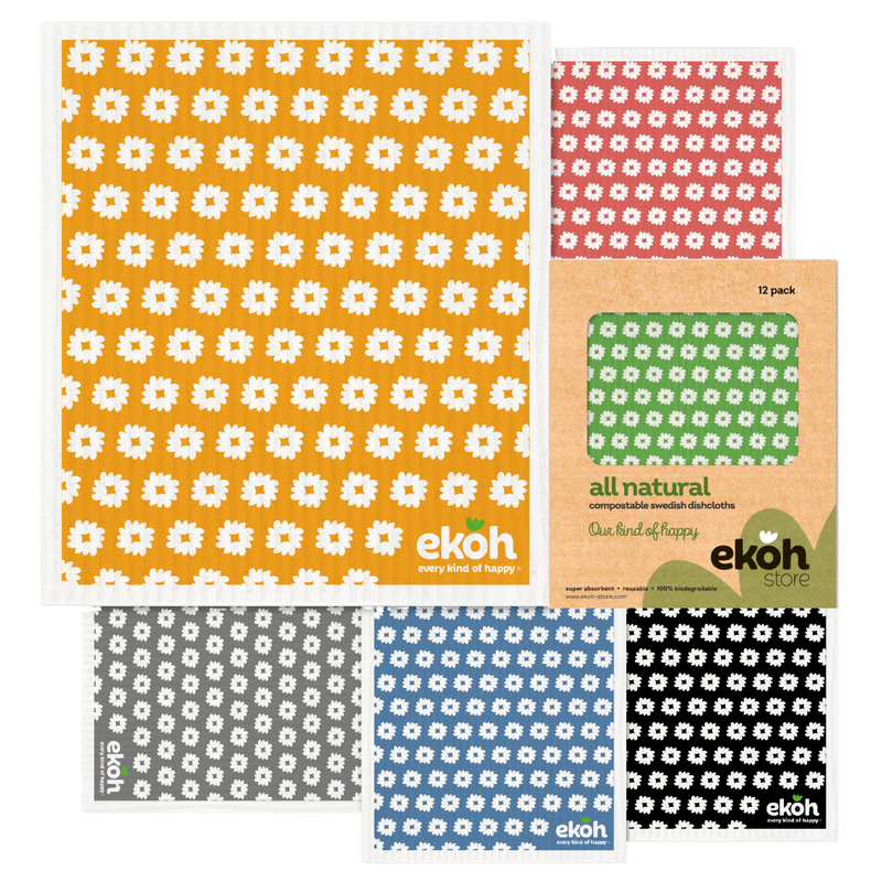 Swedish Dishcloths Ultimate 12 pk - Multipurpose Compostable Cleaning Eco Dish Cloths - Artist Daisy Prints