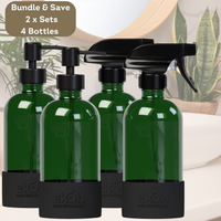 Green Glass Spray & Pump Bottles Bundle 2 Sets 4 Bottles 500ml ea.