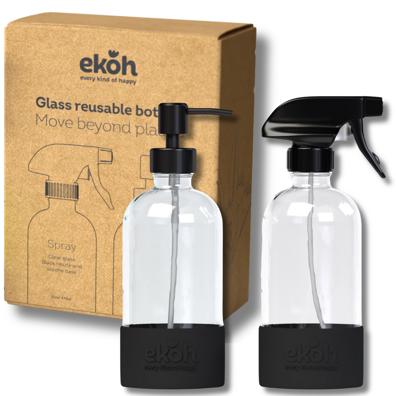 Clear Glass Soap Pump Dispenser Spray Bottle Set of 2 - Refillable & Reusable Cleaning Bottles with Silicone Base & Preprinted Labels