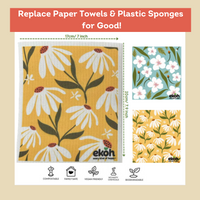 Swedish Dishcloths for Kitchen - Printed Paper Towel Alternative Zero Waste 2 Pack Eco Sponge Cloths - Scandi Daisy Flower Design