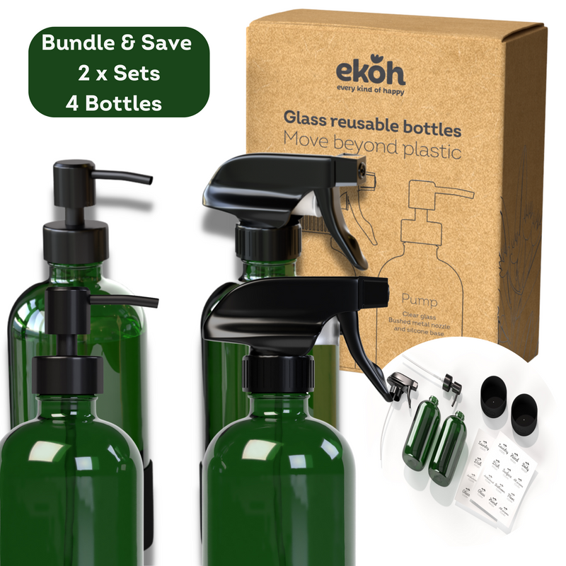 Green Glass Spray & Pump Bottles Bundle 2 Sets 4 Bottles 500ml ea.