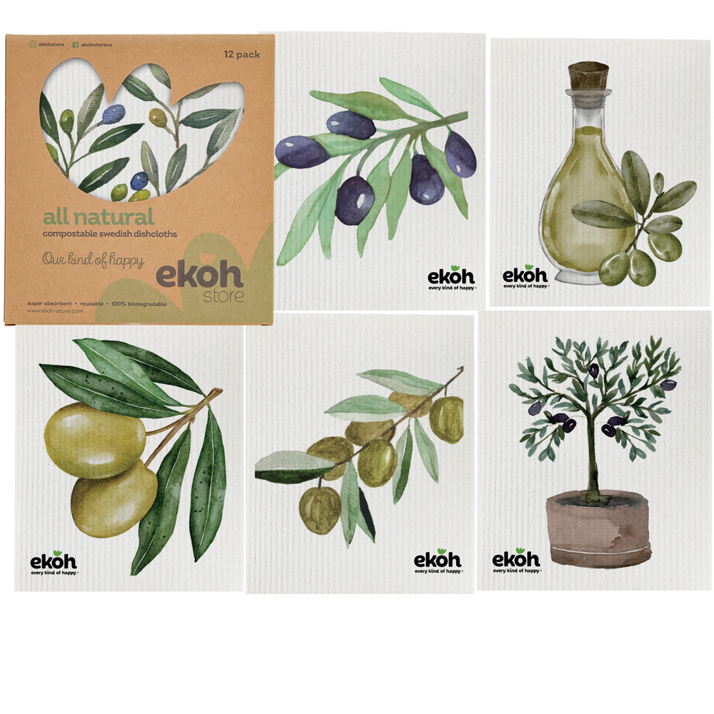 Swedish Dishcloths Ultimate 12 pk - Multipurpose Compostable Cleaning Eco Cloths - Olive Prints