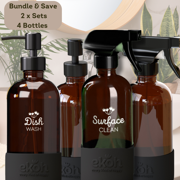 Amber Glass Spray & Pump Bottles Bundle 2 Sets 4 Bottles 500ml ea.