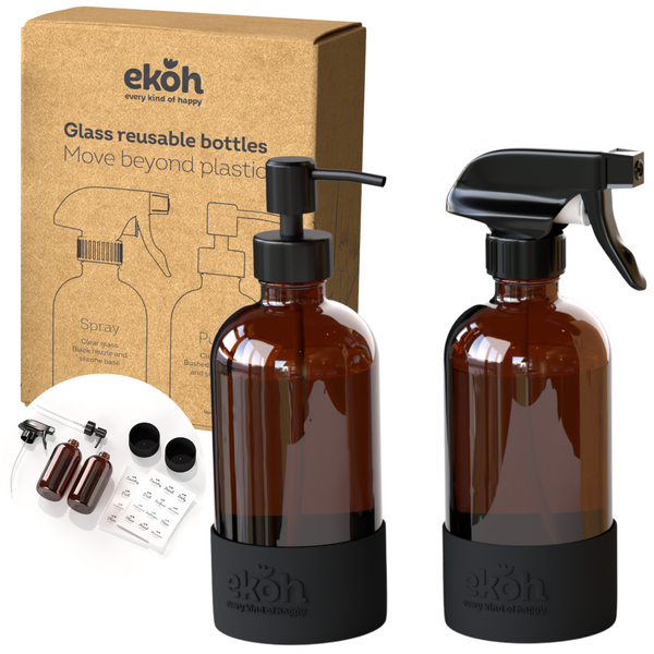 Amber Glass Soap Dispenser Spray Bottle Set of 2 - Refillable & Reusable Cleaning Bottles with Silicone Base & Preprinted Labels