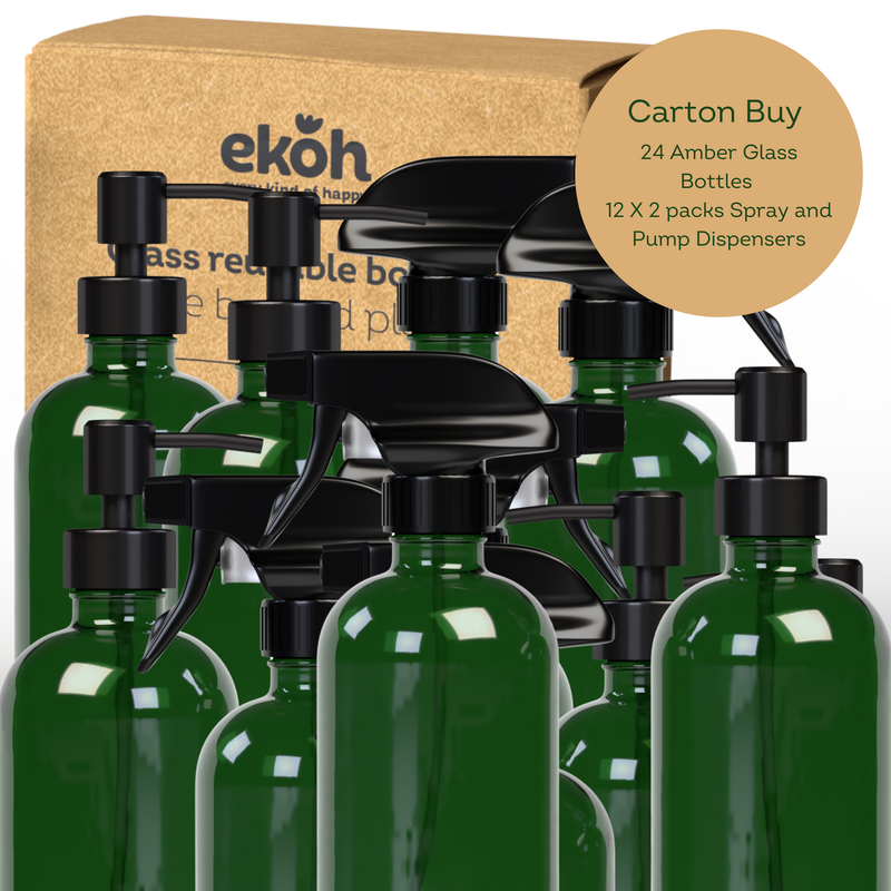 Green Glass Bottles Bulk Buy Carton: 12 Sets 24 Green Glass Soap Dispenser & Spray Bottles 500ml ea.