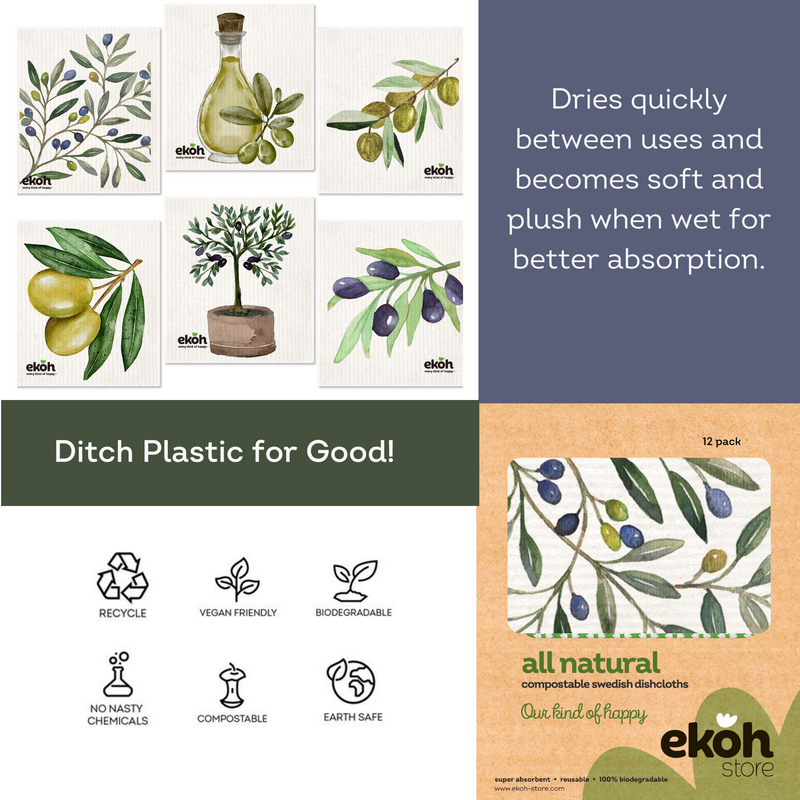 Swedish Dishcloths Ultimate 12 pk - Multipurpose Compostable Cleaning Eco Cloths - Olive Prints