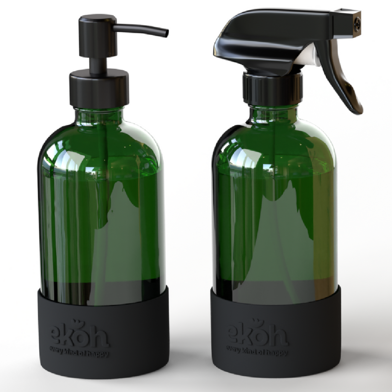 Green Glass Spray & Pump Bottles Bundle 2 Sets 4 Bottles 500ml ea.