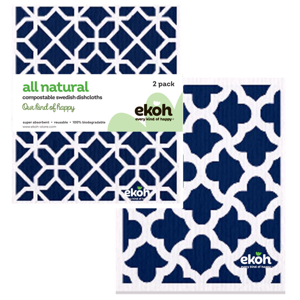 Swedish Dishcloths for Kitchen 2 Pack Eco Cloths Navy Geometric Print