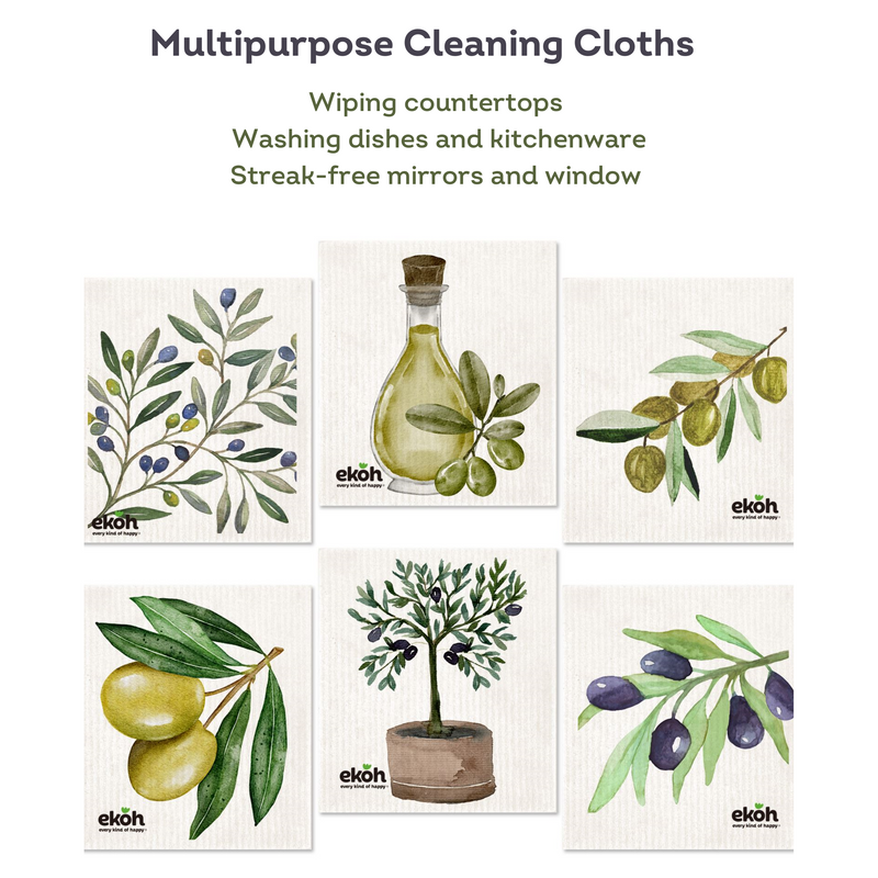 Swedish Dishcloths Ultimate 12 pk - Multipurpose Compostable Cleaning Eco Cloths - Olive Prints