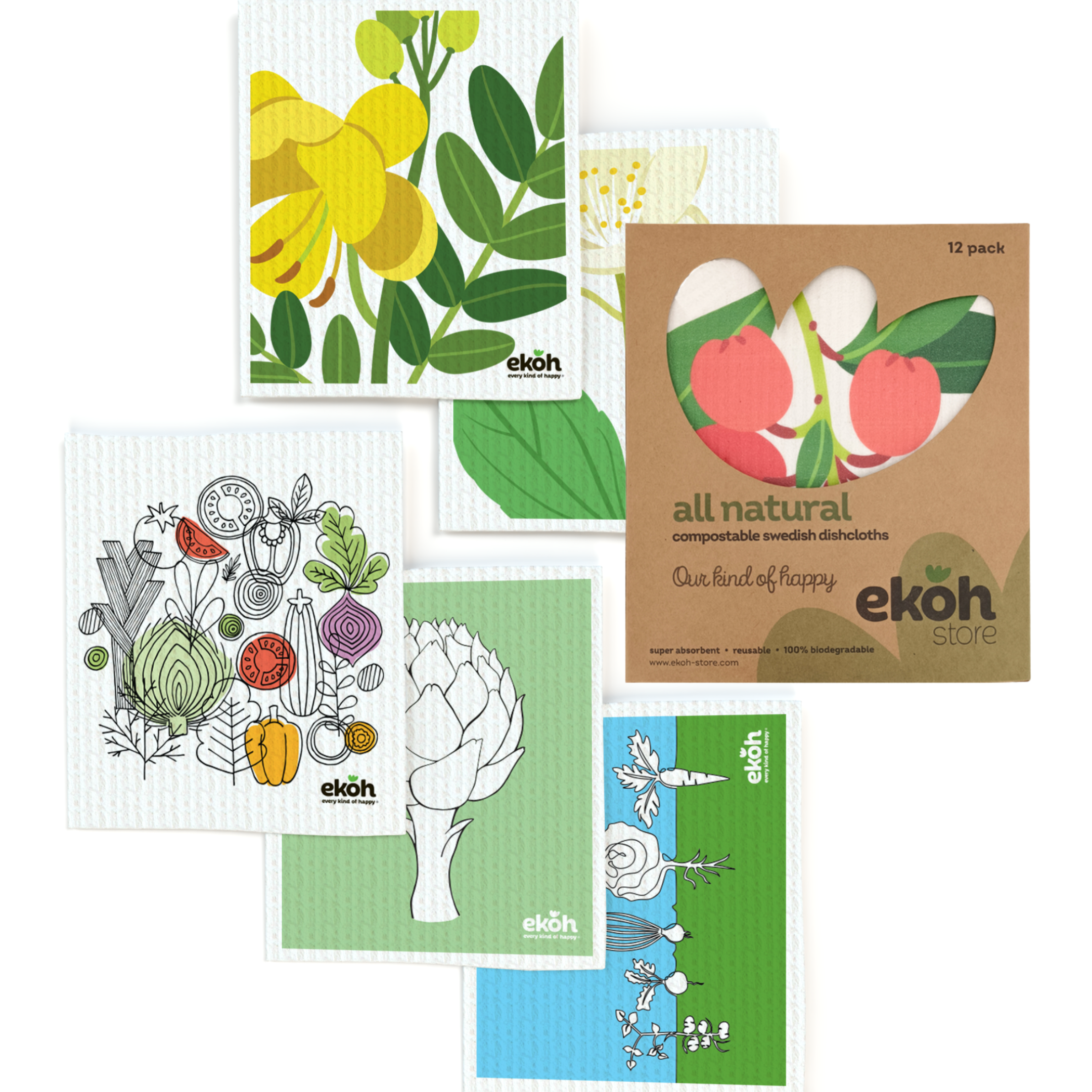 Swedish Dishcloths Ultimate 12 pk Eco Sponge Cloths Botanical Prints - Biodegradable Dish Cloth