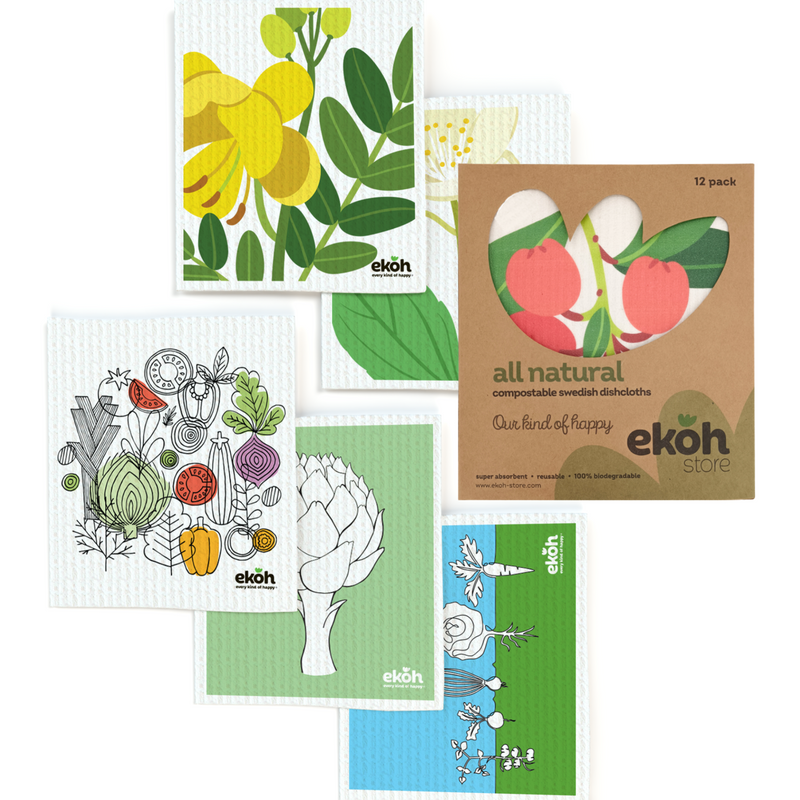 Swedish Dishcloth 12-Pack Eco Sponge Cloths Botanical Prints - Biodegradable Dish Cloth
