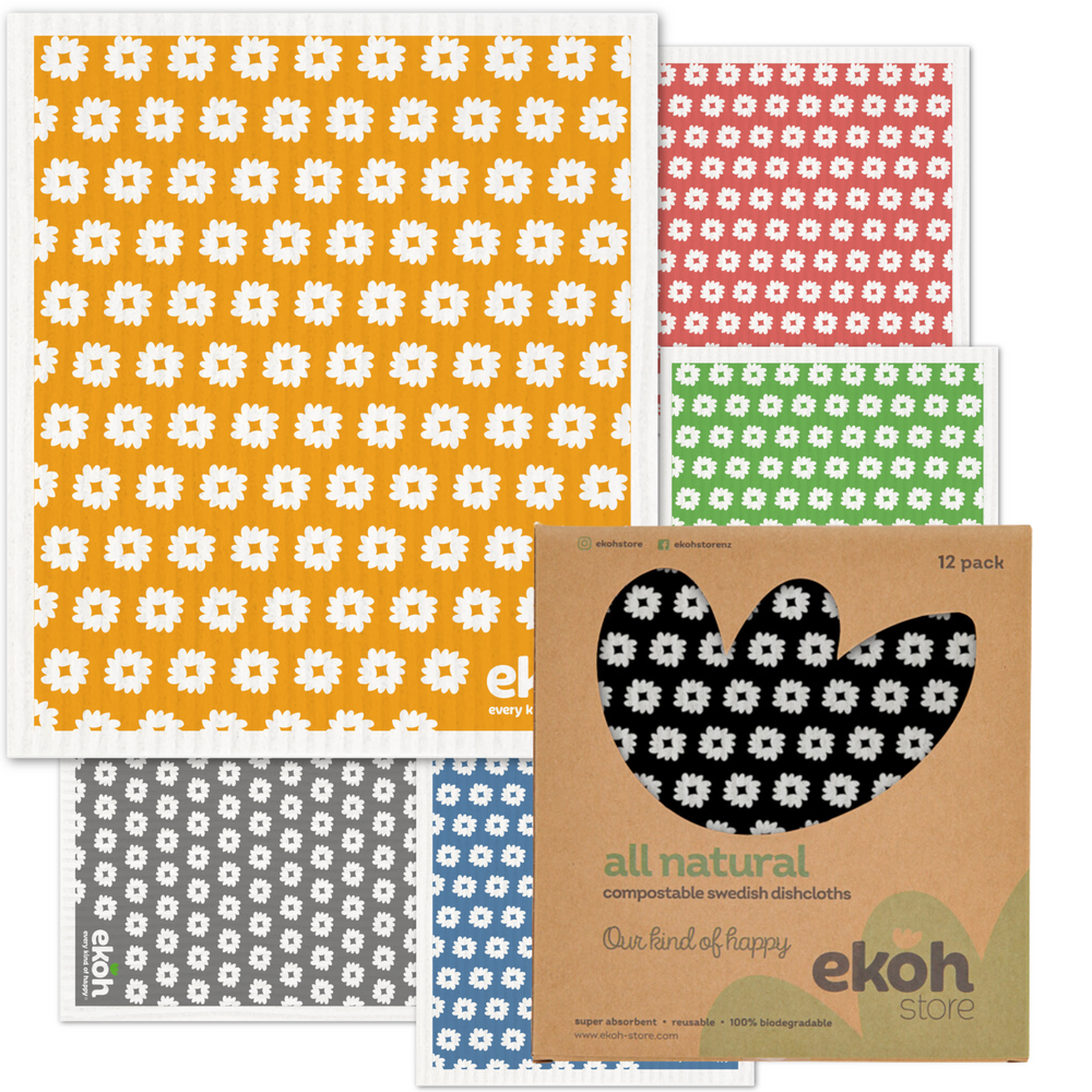 Swedish Dishcloths Ultimate 12 pk - Multipurpose Compostable Cleaning Eco Dish Cloths - Artist Daisy Prints