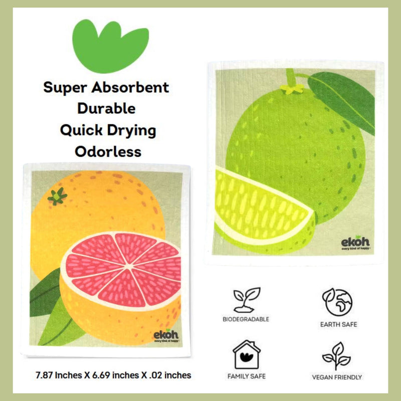 EKOH Dishcloths, Eco Sponge Dish Cloths 2 Pack - Grapefruit and Lime Compostable Swedish Dishcloths, Super Absorbent Paper Towel Alternative