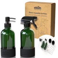 Green Glass Spray Bottles & Pump Dispenser 2pk - Refillable with Silicone Base & Pre-Printed Labels - Eco-Friendly Cleaning Bottles