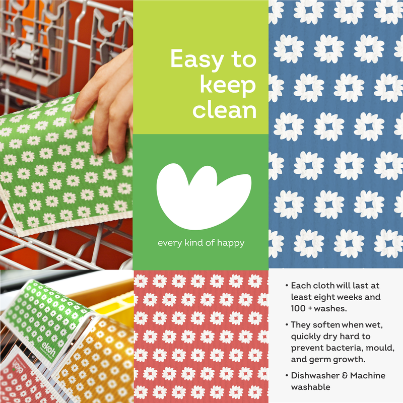 Eco-Friendly Sponge Cloths, Daisy Spring Blossoms 12-Pack, Swedish Dishcloths, Reusable Paper Towel