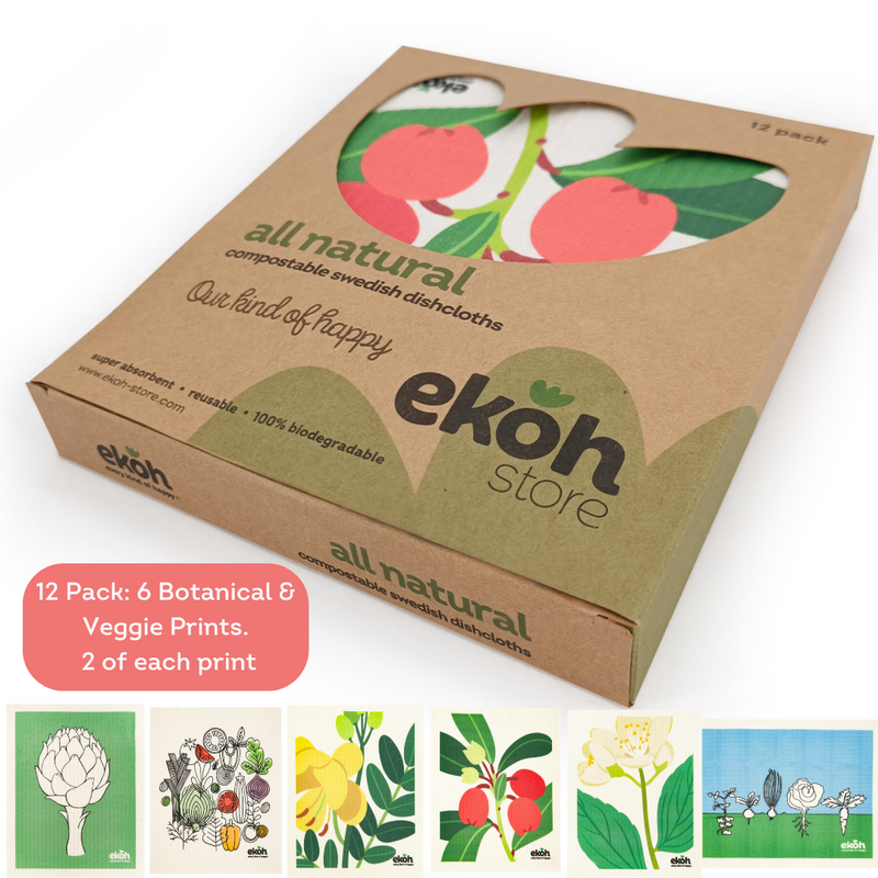 Swedish Dishcloth 12-Pack Eco Sponge Cloths with Botanical Prints - Biodegradable Dish Cloth