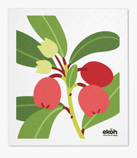 Swedish Dishcloth Wintergreen Red Botanical Print Compostable EKOH Sponge Cloth - Ekoh-Store
