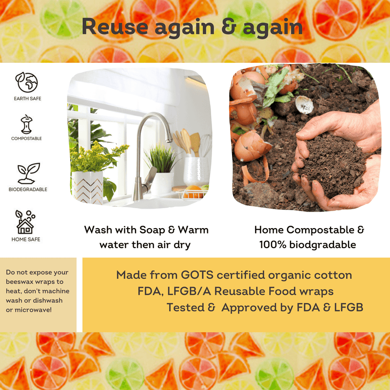 Beeswax Wraps Organic Ecofriendly Reusable Food Wraps - Zesty Lemon Prints 3 Pack - Ekoh-Store
