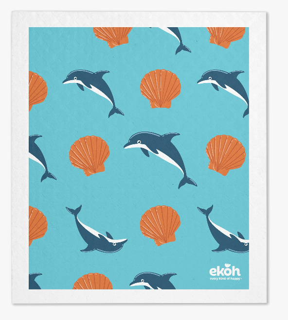 Swedish Dishcloth Blue Dolphin Print Compostable EKOH Sponge Cloth 1pc. - Ekoh-Store