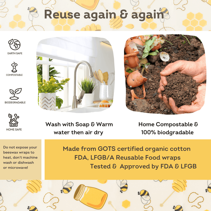 Reusable Food Wraps - Vegan Organic Cotton Food Wrap - Happy Honey Bee Beeswax Print  3 pack - Ekoh-Store