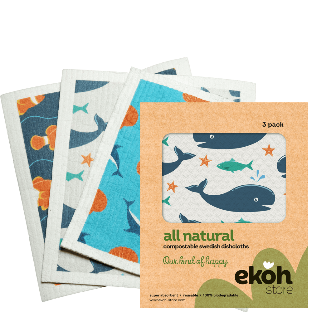 Eco Sponge Cloths Compostable Cleaning Cloths - Swedish Dishcloths Sea Life Prints Natural Dish Cloths 3 Pack - Ekoh-Store