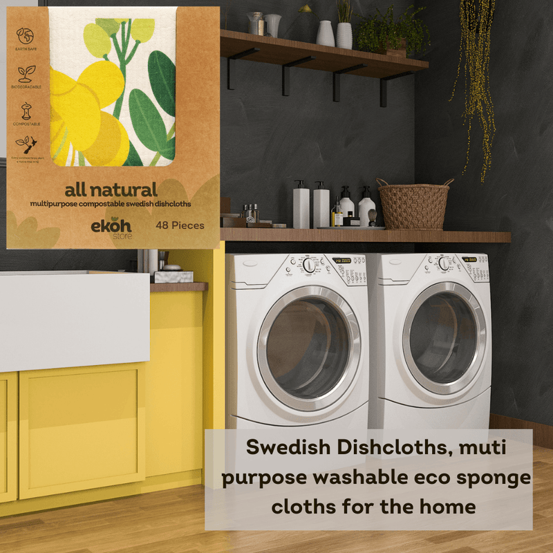Swedish Dishcloth Bulk Box 1 Print Design 48 Pc Cassia Botanicals Yellow Flower Print - Ekoh-Store