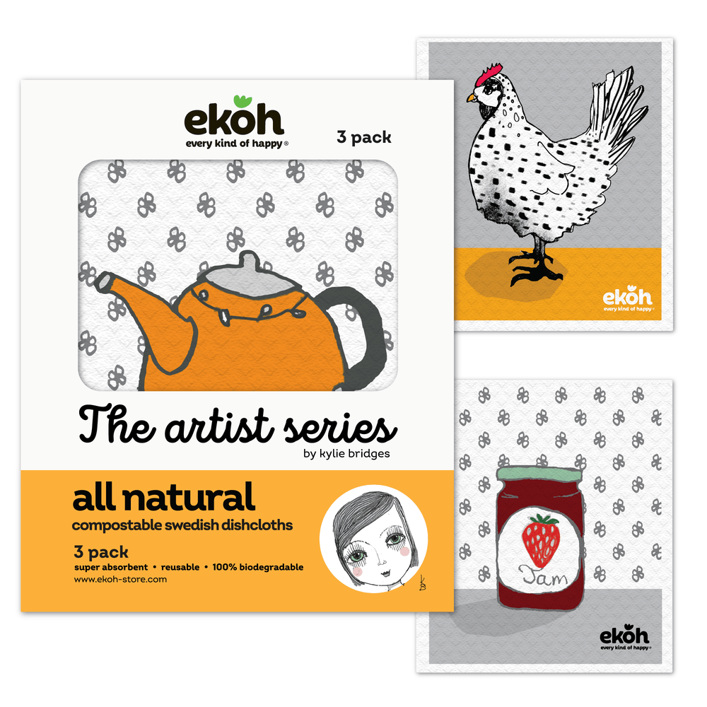 Eco Sponge Dish Cloths Natural Compostable Cleaning Cloths Byron Bay Artist Farmhouse Prints 3 Pack - Ekoh-Store