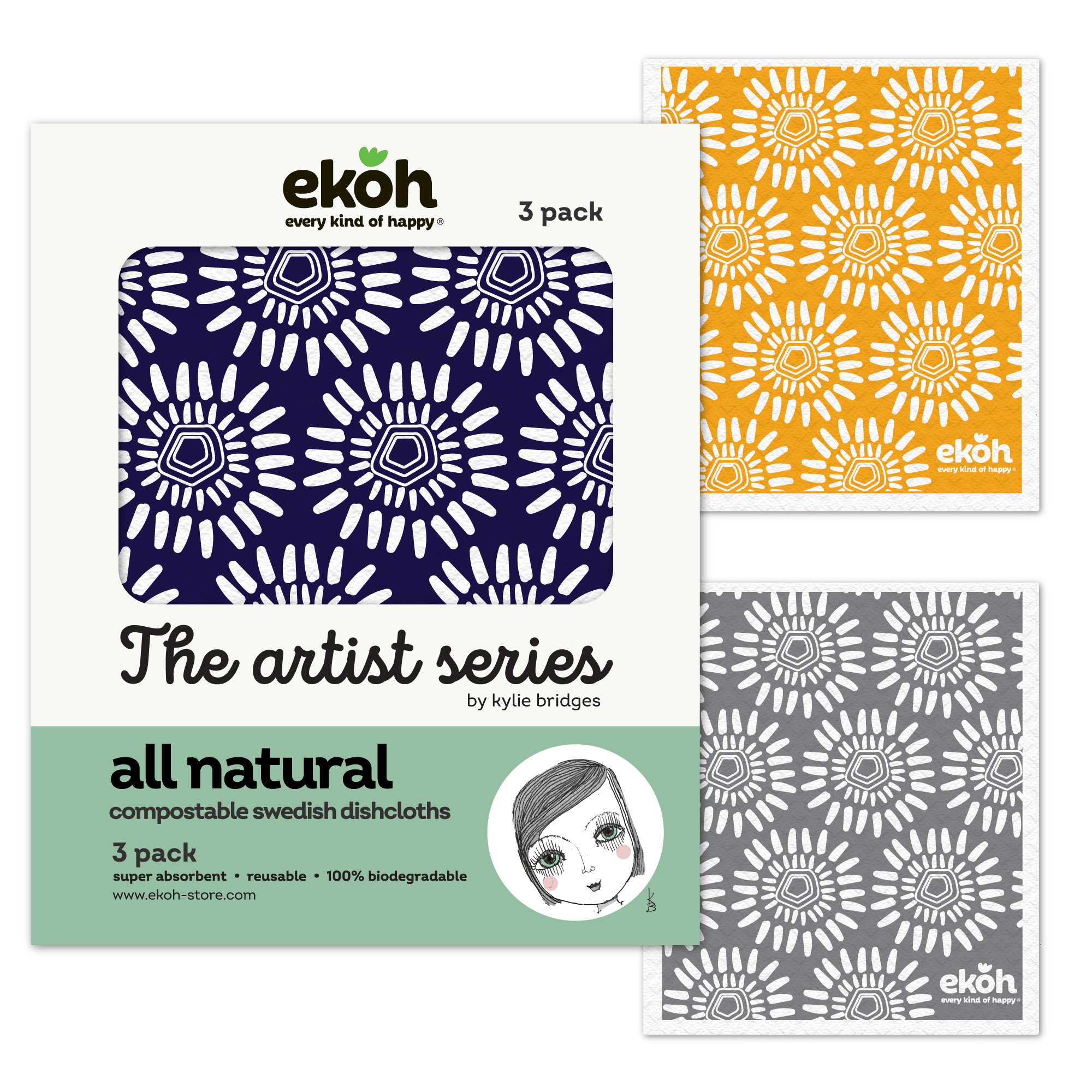 Eco Sponge Dishcloth Natural Compostable Cleaning Cloths Artist Scandi Flora Prints 3 Pk