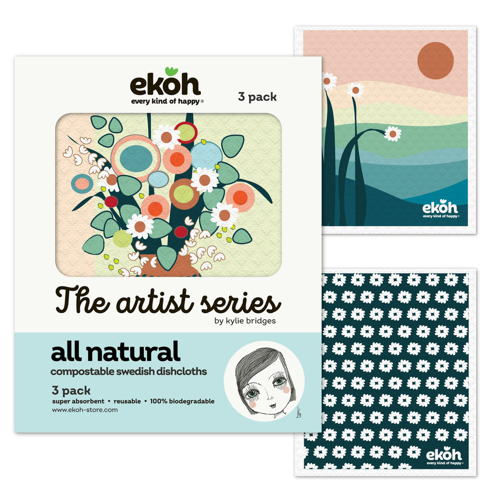 Eco Sponge Dish Cloths Natural Compostable Cleaning Cloths Byron Bay Artist Sunset Prints 3 Pack - Ekoh-Store