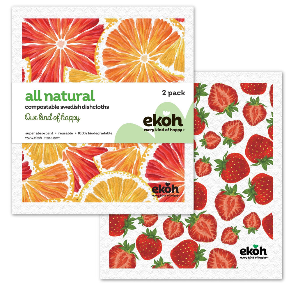 Eco Sponge Cloths Swedish Dishcloth 2 Pack Citrus & Strawberry Prints Compostable Dishcloths - Ekoh-Store