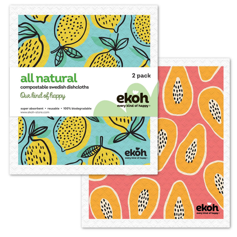 Eco Sponge Cloths Swedish Dish Cloth Printed Compostable Cleaning Cloth 2 Pack Papaya & Lemons - Ekoh-Store