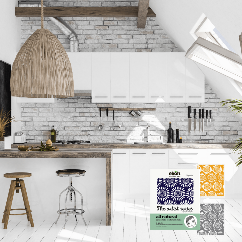 Eco Sponge Dishcloth Natural Compostable Cleaning Cloths Byron Bay Artist Scandi Flora Prints 3 Pack - Ekoh-Store