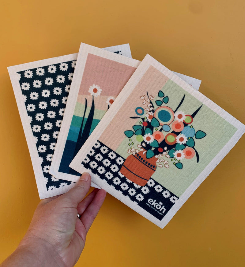 Eco Sponge Dish Cloths Natural Compostable Cleaning Cloths Byron Bay Artist Sunset Prints 3 Pack - Ekoh-Store