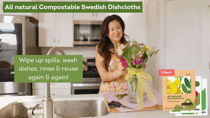 Eco Sponge Cloths Swedish Dishcloth Printed Compostable Cleaning Cloths - 3 Pack Assorted Botanical Prints - Ekoh-Store