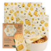 Reusable Food Wraps - Vegan Organic Cotton Food Wrap - Happy Honey Bee Beeswax Print  3 pack - Ekoh-Store