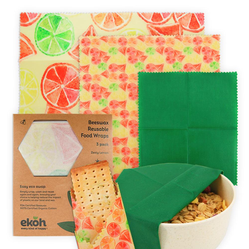Beeswax Wraps Organic Ecofriendly Reusable Food Wraps - Zesty Lemon Prints 3 Pack - Ekoh-Store