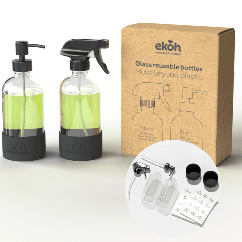 Clear Glass Refillable Bottles Pump & Spray Dispensers 500ml ea. 2 pk - Ekoh-Store