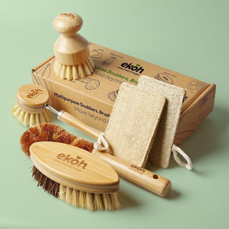 Multipurpose Bamboo Brush & Loofah Set Scrubbers Bottle & Dish Brushes 6 Pk. - Ekoh-Store