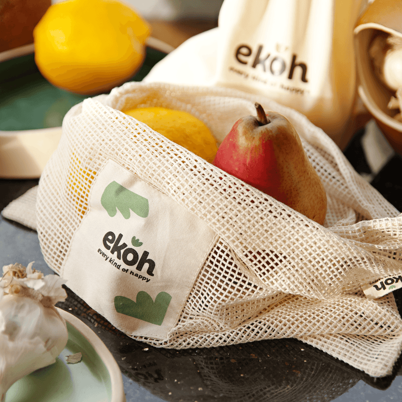 Pack of 5 Natural Cotton Mesh Drawstring Bags. Eco- Friendly Fruit