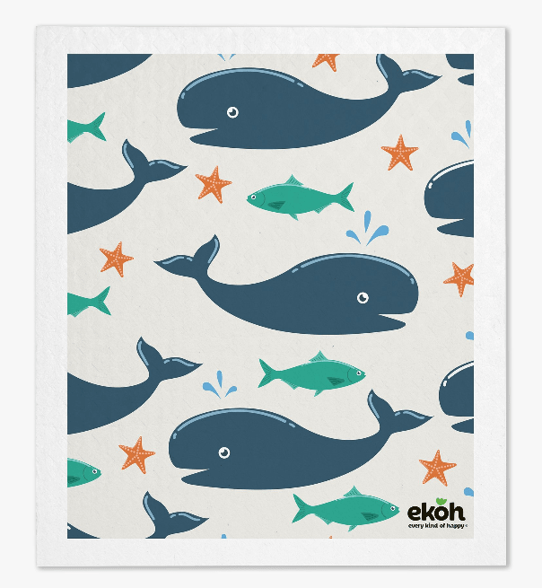 Swedish Dishcloth Blue Whale Print on White Compostable Eco Sponge Cloth 1pc. - Ekoh-Store