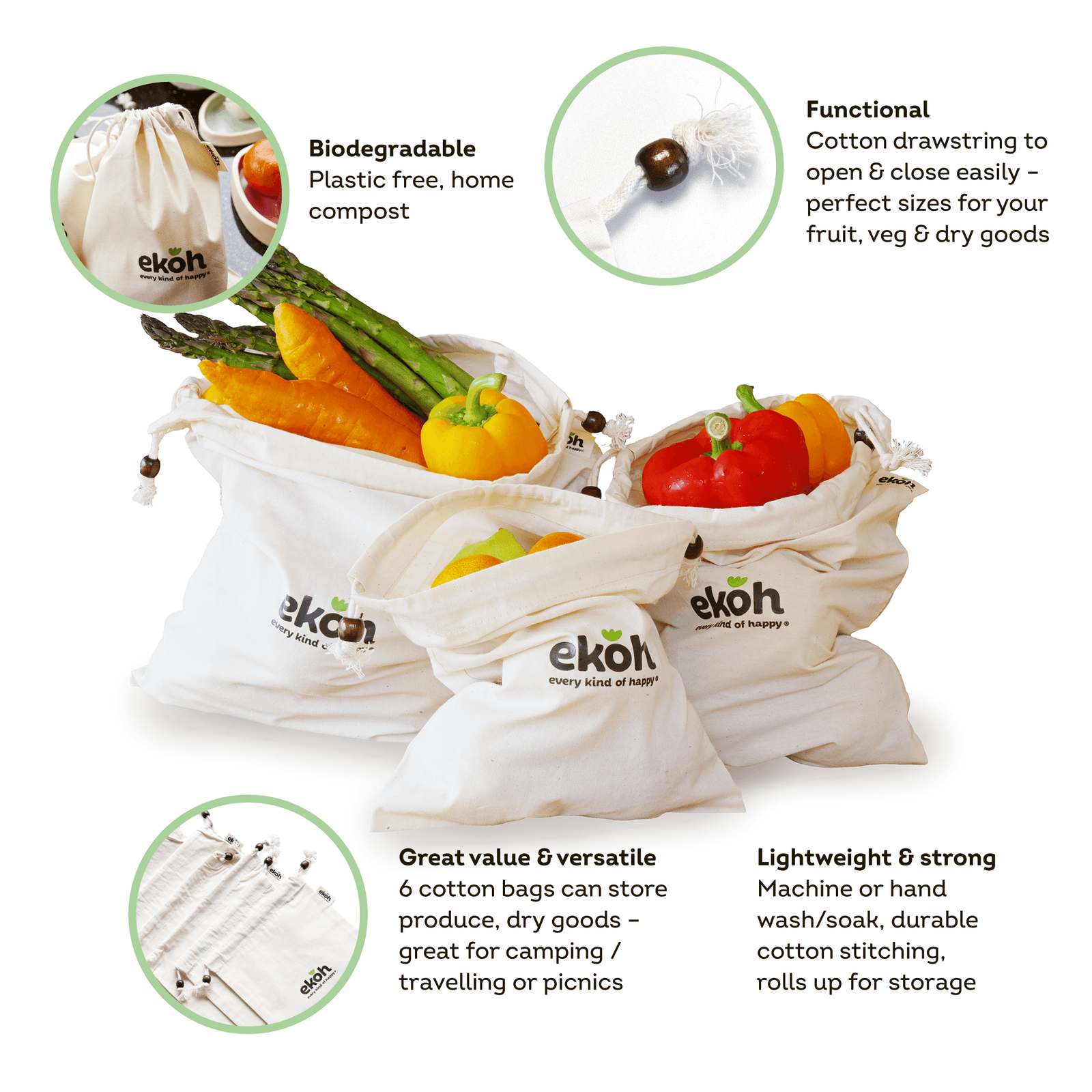 Reusable Produce Bags Organic Cotton Vegetable Bags 6 pk Eco Bags
