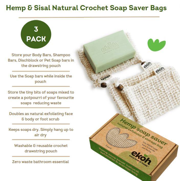 Soap Saver Bag Natural Hemp & Sisal Exfoliator Drawstring Soap Pouch 3 Pack Zero Plastic - Ekoh-Store