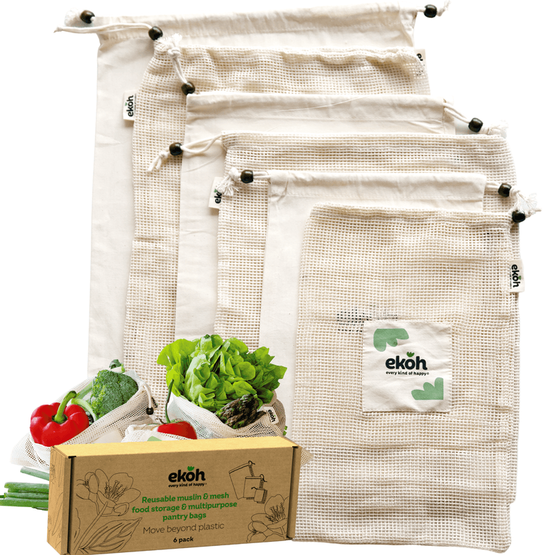 Produce Bags Organic Mesh & Cotton Reusable Vegetable Bags Bulk Food Bags 6 Pack - Ekoh-Store