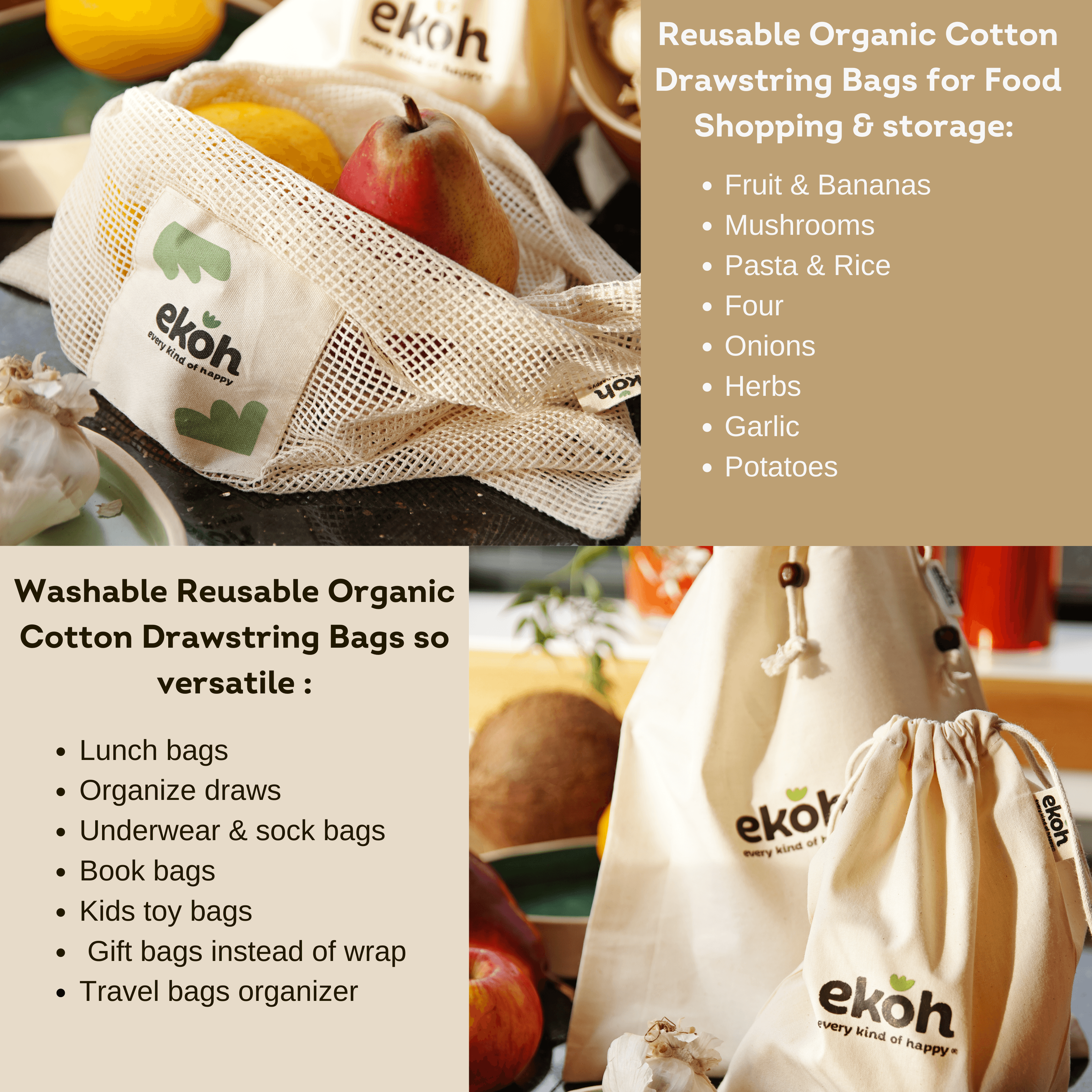 Food Grade Bulk Storage Bags - Reusable - Organic Cotton Fabric Produce  Drawstring Bags - Organic Cotton Muslin Produce Bags - Reusable Natural  Cloth