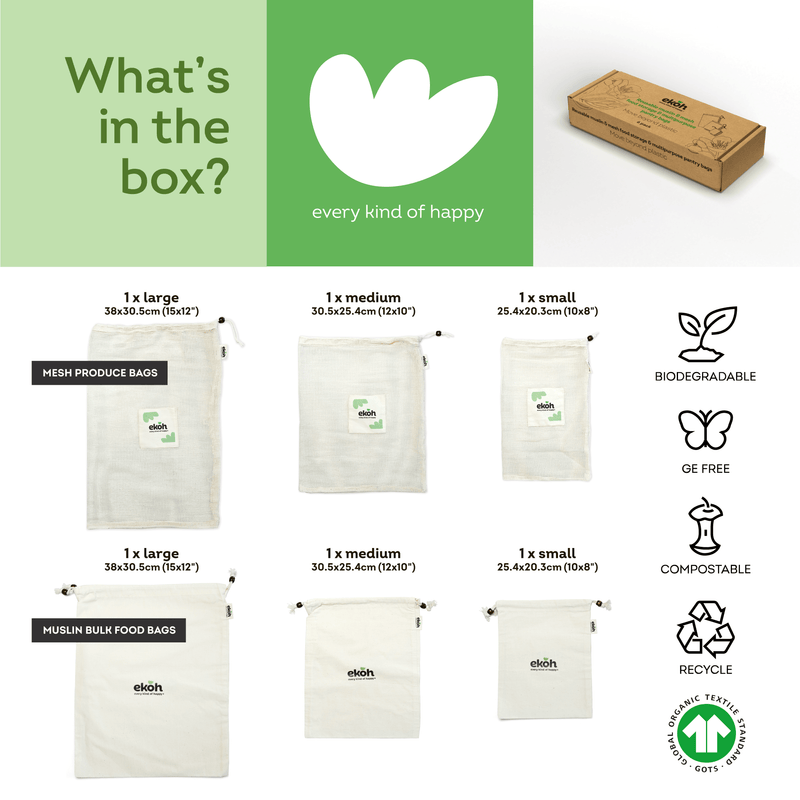 Produce Bags Organic Mesh & Cotton Reusable Vegetable Bags Bulk Food Bags 6 Pack - Ekoh-Store